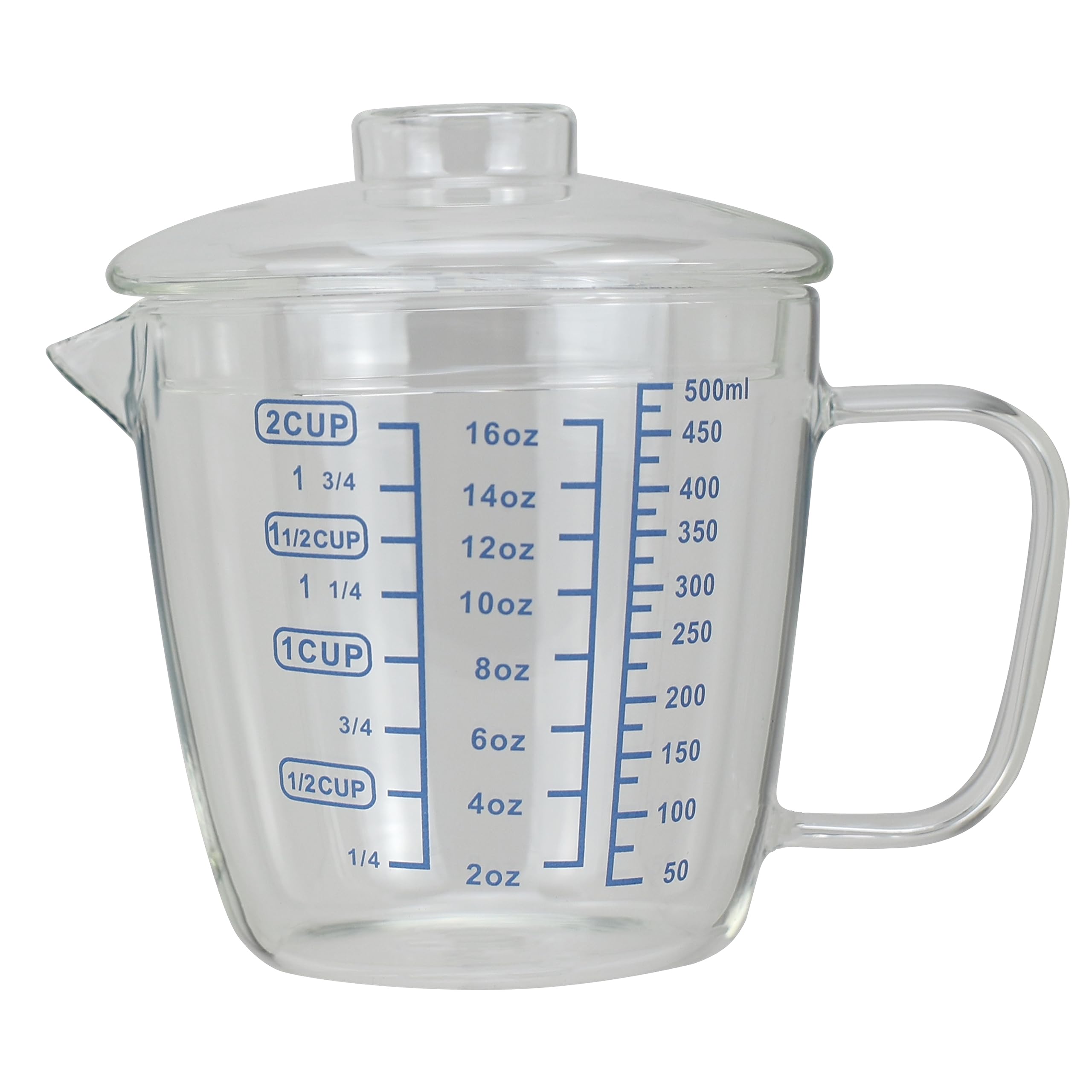 Photo 1 of EIKS Glass Measuring Cup with Lid, Easy Grip Handle and V-Shaped Spout, Three Measurement Scale(OZ, Cup, ML), Coffee Milk Frothing Pitcher Latte Maker in Kitchen Restaurant (500ML)
