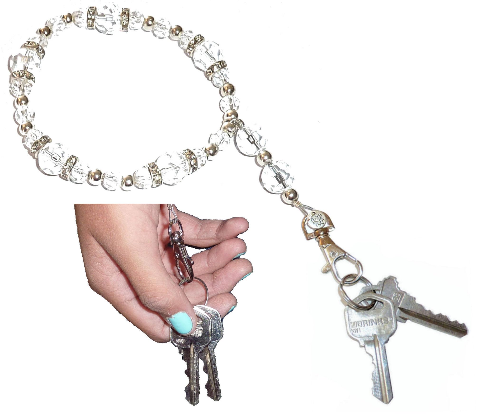 Hidden Hollow Beads Wrist Lanyard, Beaded Women's Wristlet, Bracelet, Jewelry, Keys, Phone, Keychain Bracelet, Strong (Crystal)