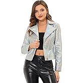 Allegra K Holographic Metallic Jacket for Women's Biker Shiny Jacket