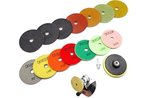 OKVEQUIP 8Pcs Diamond Polishing Pads Granite Sanding 4 Inch Wet Dry for Stone Quartz Concrete Marble Floor Grinder Polisher 50#-3000# Grit with 5/8Inch-11 Drill Adapter and Hook and Loop Back Holder