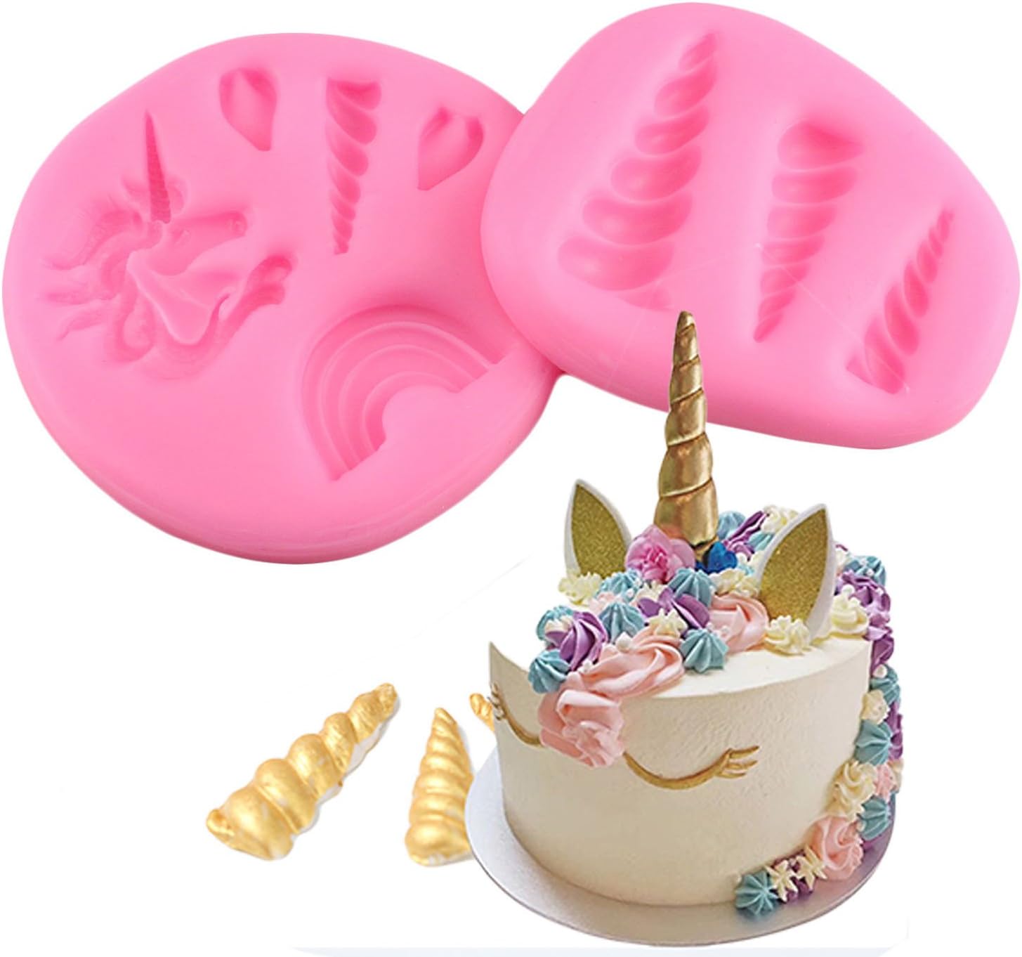Mujiang Unicorn Rain Silicone Cake Topper Molds Fondant Candy Cake Decorating Molds Unicorn Horn Ears and Eyelash Set (2 Pcs/set)