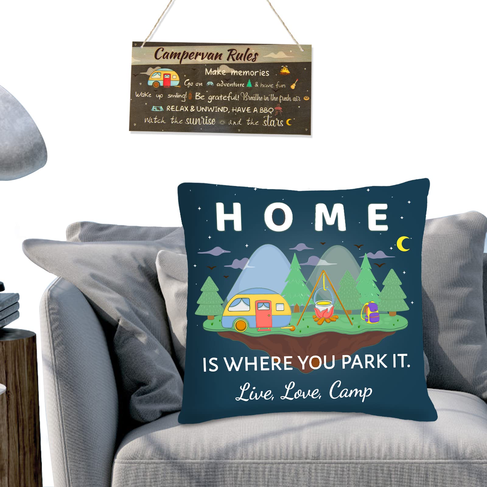 Irenare Camper Van Decorations Set Includes Wooden Camping Rules Sign and Home Is Where Park It Cushion Cover for Travel Camping Home Accessory