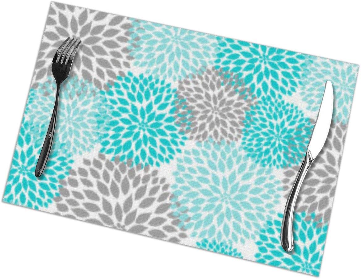Turquoise Gray Modern Dahlia Floral Print Fabric Placemats Set of 6 for