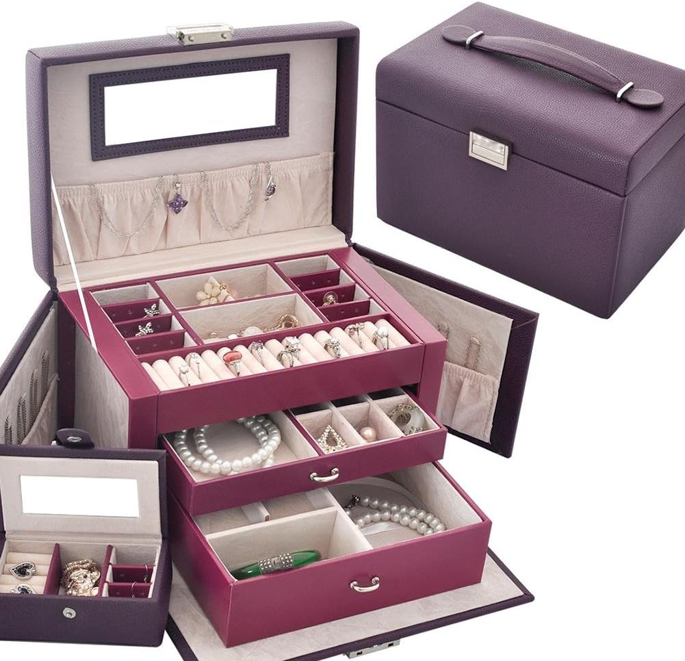 Jewelery Box GZXCPC Luxurious Jewelry Box Jewelery Storage Made Of Leather And Wood, With 3 Drawers, Side Pockets, Snap Lock And Built-In Mirror, Many Colors, purple