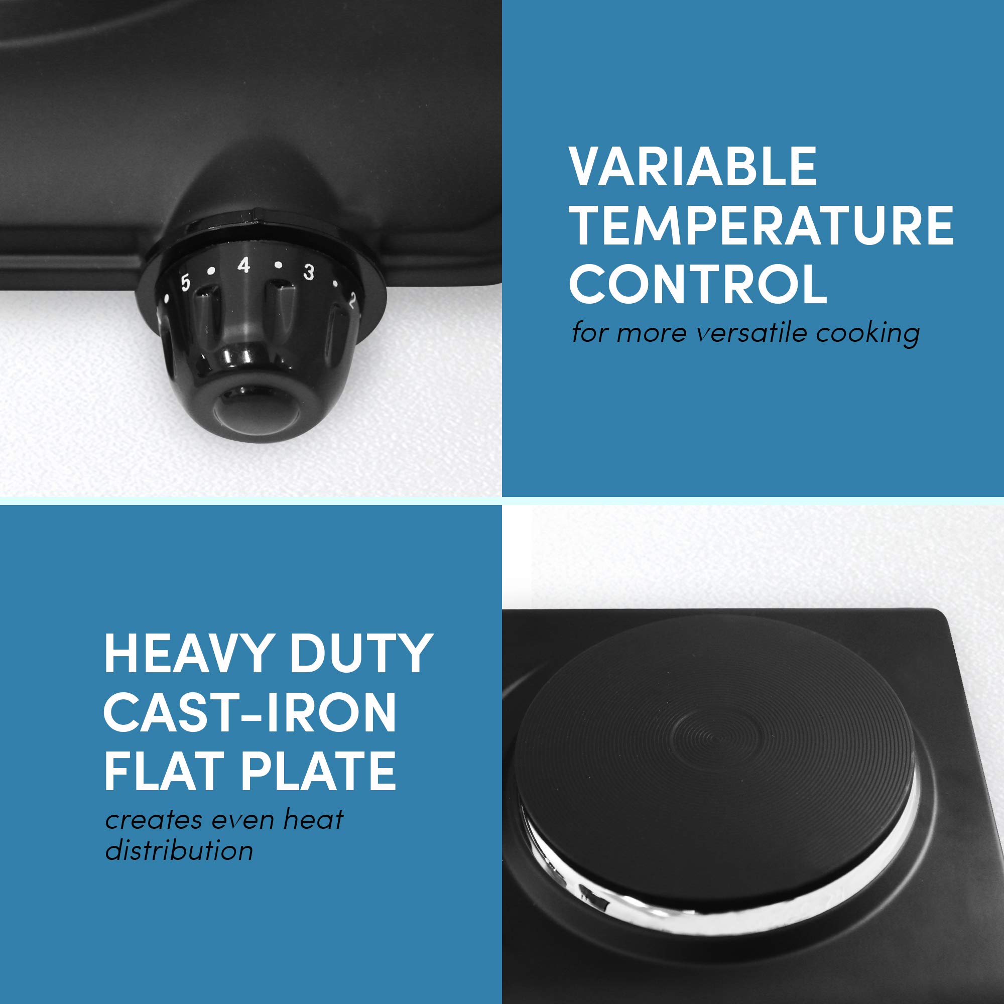 Elite Gourmet EDB302BF Countertop Double Cast Iron Burner, 1500 Watts