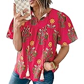 Cicy Bell Womens Boho Floral Blouses Short Puff Sleeve V Neck Babydoll Shirts Flowy Tie Front Tops