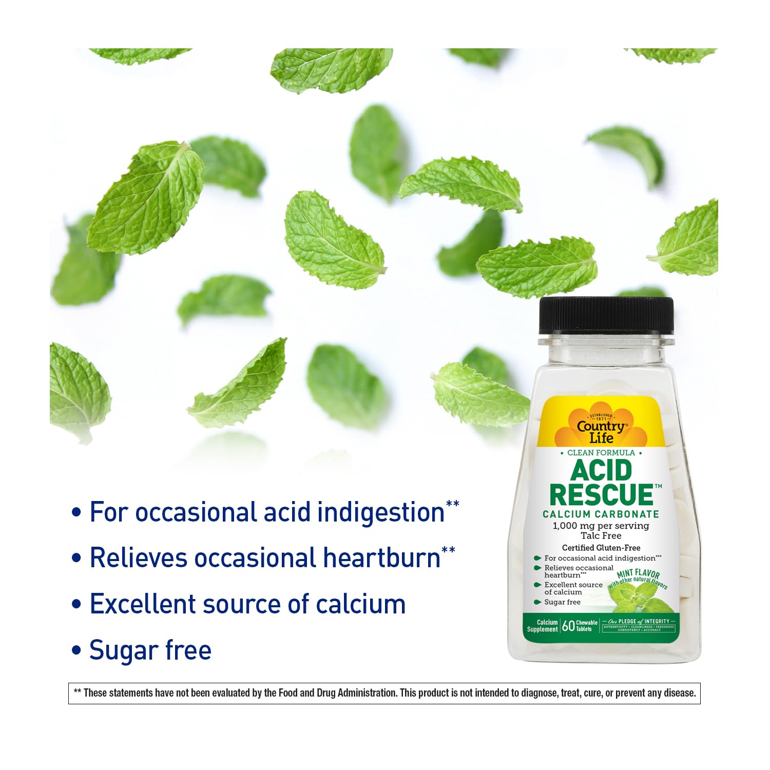 Country Life Acid Rescue Chewable Tablets - Certified Vegan & Gluten-Free Heartburn Relief, 400mg Calcium & Magnesium, Non-GMO, Sugar-Free Mint Flavor, Supports Bone Health, 60 Count
