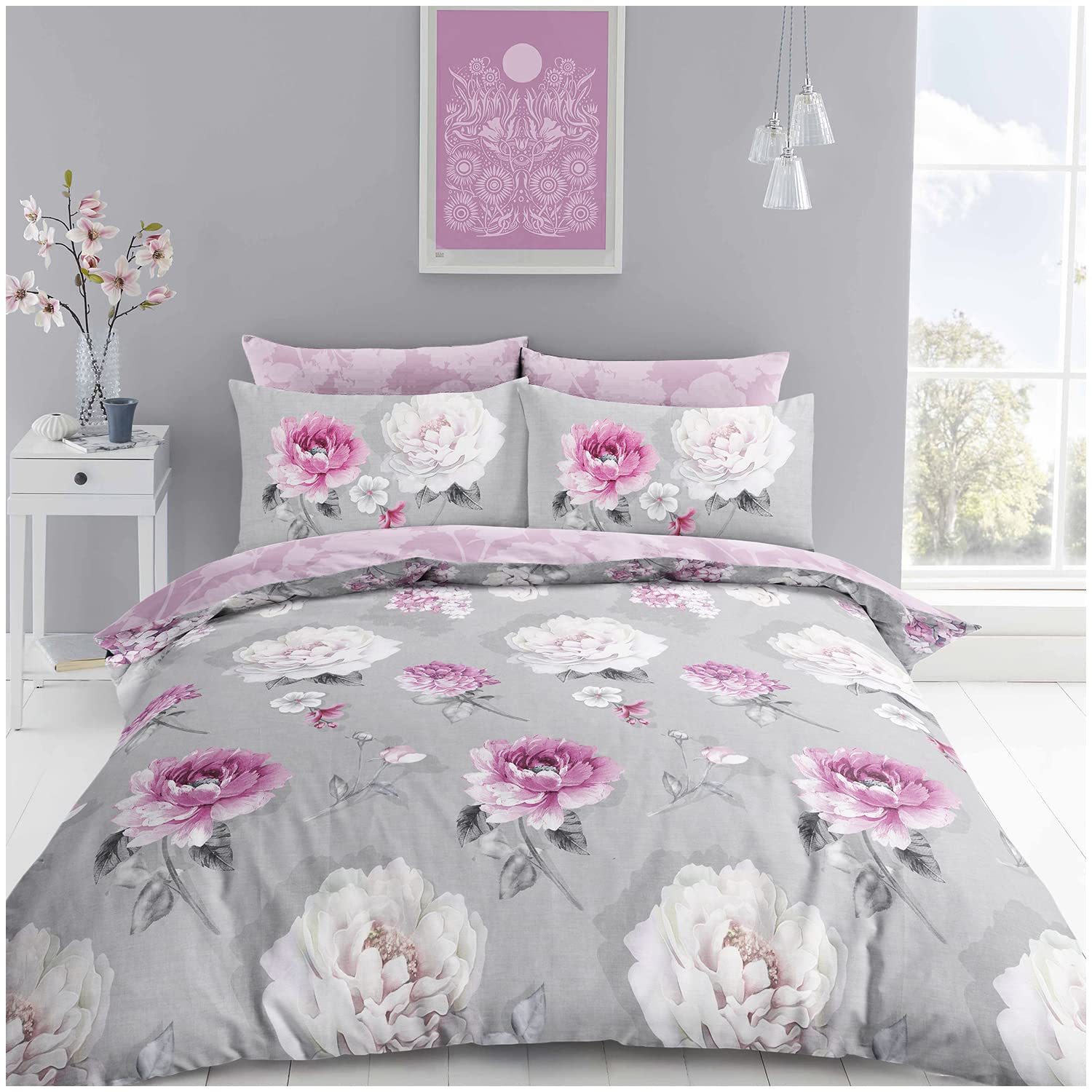 Super Dreamer Botanical Duvet Cover, Fitted Sheet With Pillow Cases, 4 Piece Floral Bedding & Linen, Complete Bed Set King Size, Grey/Blush Pink, 11693888