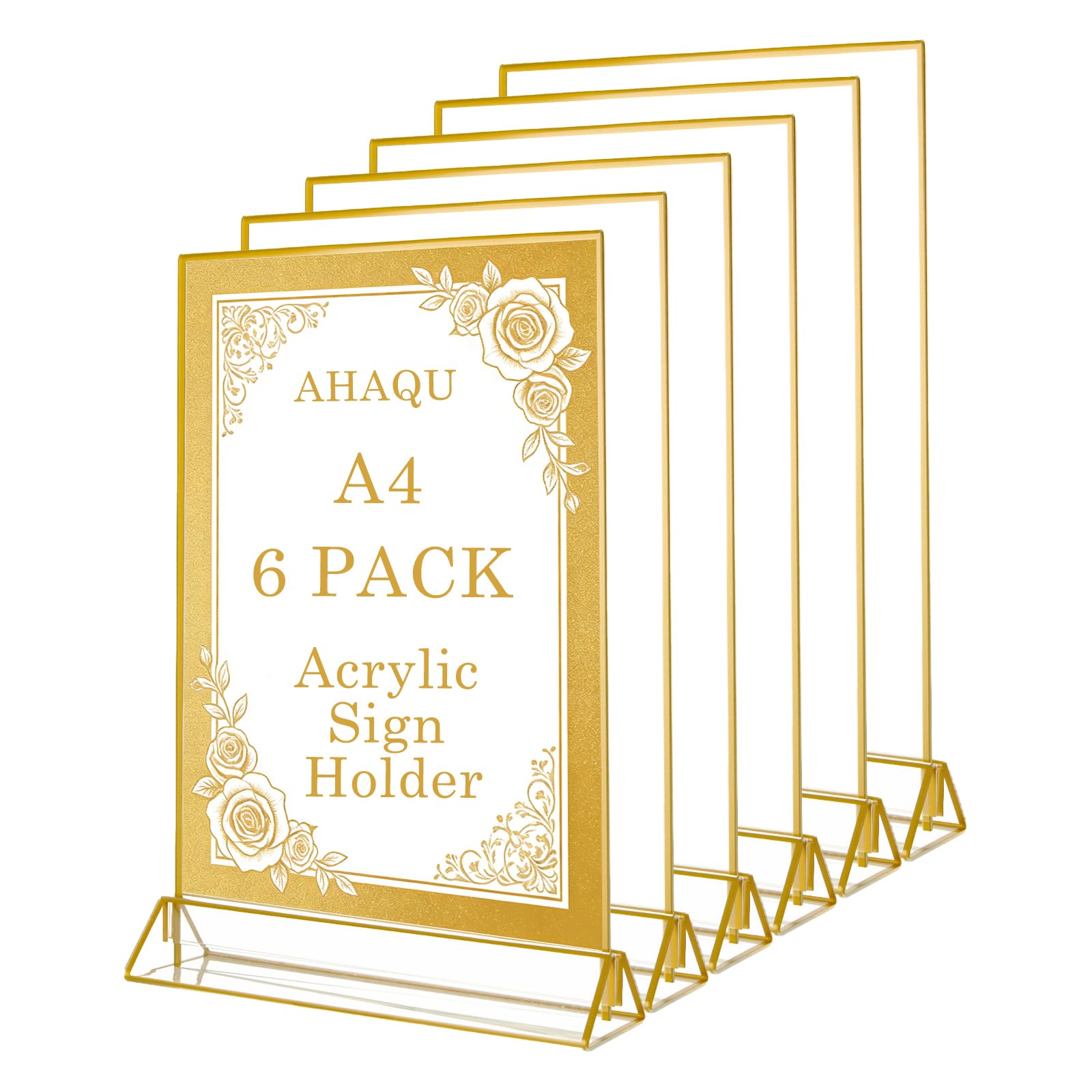 AHAQU 6PCS A4 Acrylic Sign Holder, Double Sided Perspex Display Stand, T-Shape Poster Menu Holder with Gold Borders for Wedding Table Numbers, Restaurant, Office