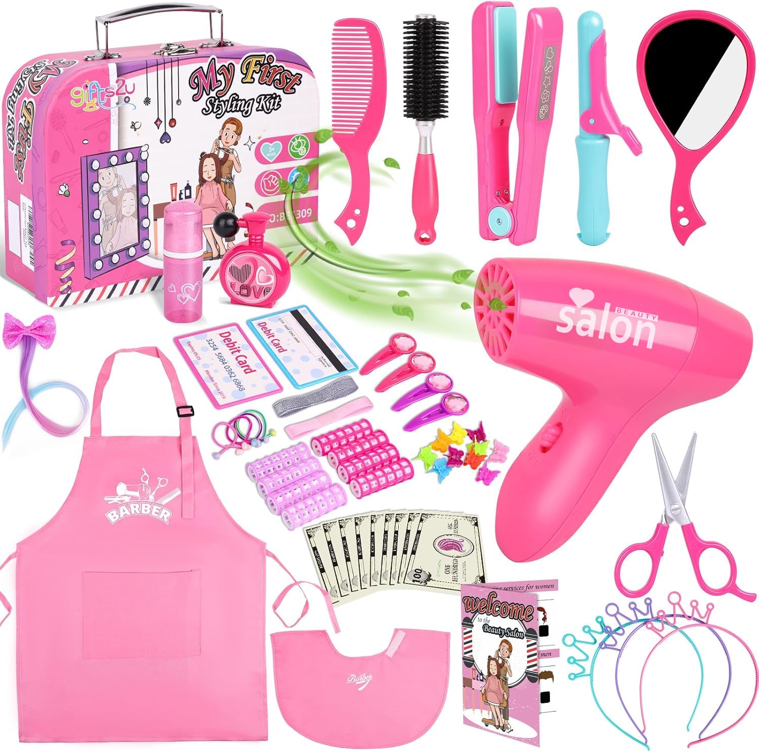 Gifts2U Hairdressing Set for Kids, Hairdressing Toy Set with Hair Dryer, Barber Costume Apron, Stylist Accessories for Girls Age 3-8 (classic)