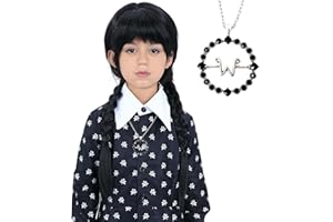 Bettecos Long Black Braided Wig for Girls with Necklace Heat Resistant Synthetic Pigtails Hair Wigs for Kids Halloween Party Cosplay Costume (Kids Wig+Necklace)