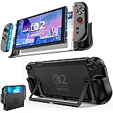 FIWWAT Dockable Protective Case for Nintendo Switch 2, TPU Ergonomic Grip Cover with Foldable JoyCon Holder Design, Slim Shockproof Hard Shell fit for Switch 2 Console & Kickstand - Matte Black