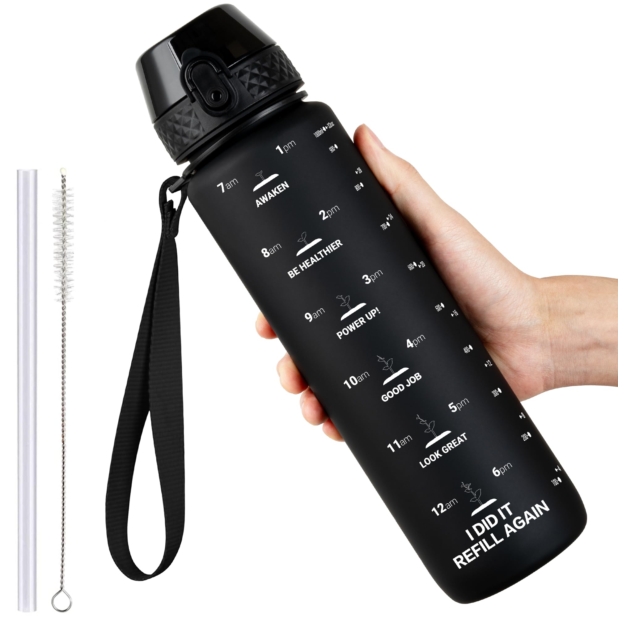 GOPPUS 1L/32oz Tritan Water Bottle with Straw-Soft Matte Finish Leakproof Drink Bottle with Measurements Bottles with Flip Top Motivational Bottles with Time Marks for Adults BPA Free (Black)
