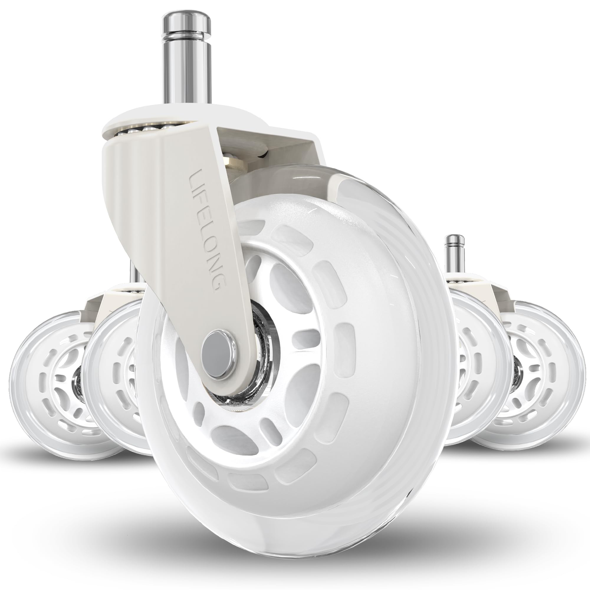 Office Chair Wheels Replacement Rubber Desk Chair Casters for Hardwood Floors and Carpet, Set of 5, Smooth Rolling Casters for Chairs to Replace Office Chair Mats, 11x 22mm, White
