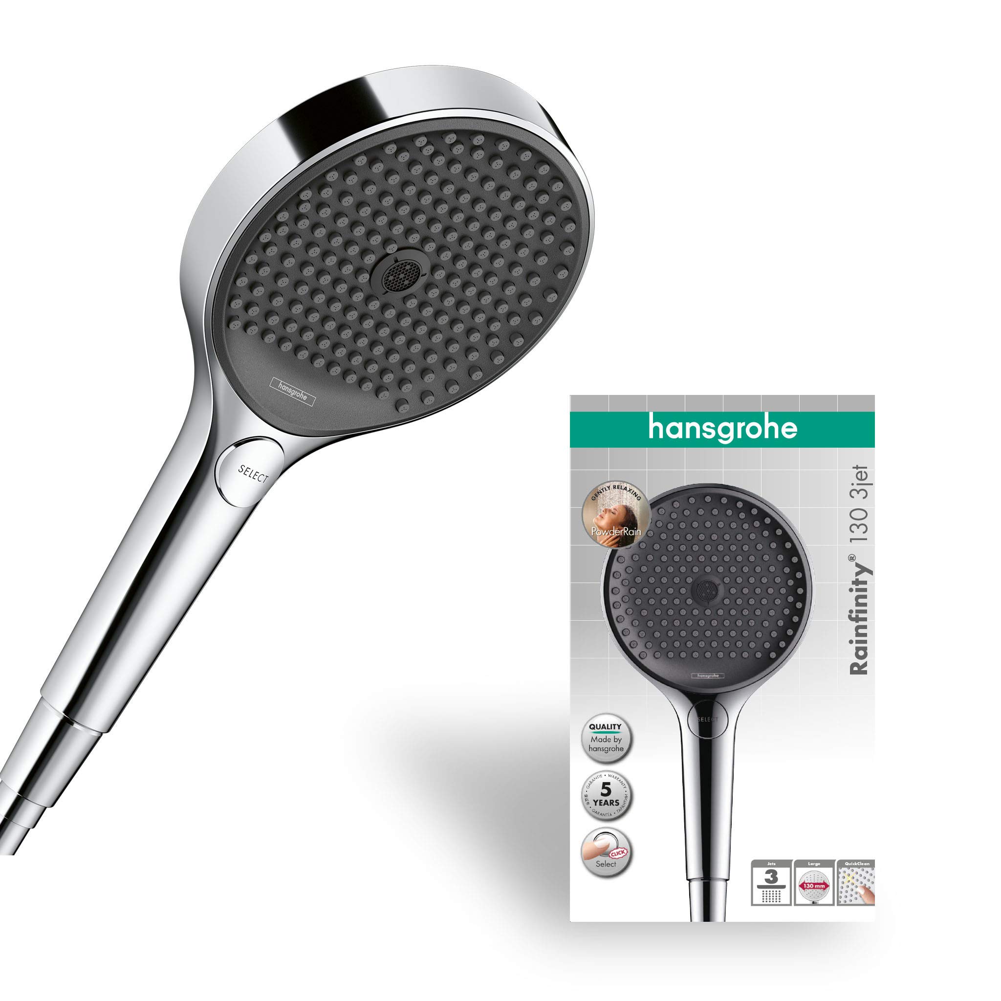 hansgrohe Rainfinity - shower head, hand shower round (⌀ 130 mm) with 3 sprays, with anti-limescale function, chrome, 26864000 - Packaging May Vary
