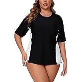 Halcurt Women's Plus Size Rash Guard Short Sleeve Swim Shirt with Built in Bra UPF50+ Sun Protection Swimsuit Top