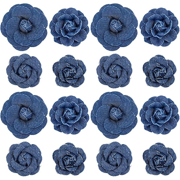 SUPERFINDINGS Denim-Stoff Blumen – 16-teiliges Set Mit Kamelien-Motiv Für Kleidung & DIY