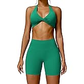 ABOCIW Workout Sets for Women Twist Front Halter Neck Sports Bra High Waist Biker Shorts 2 Piece Gym Outfits