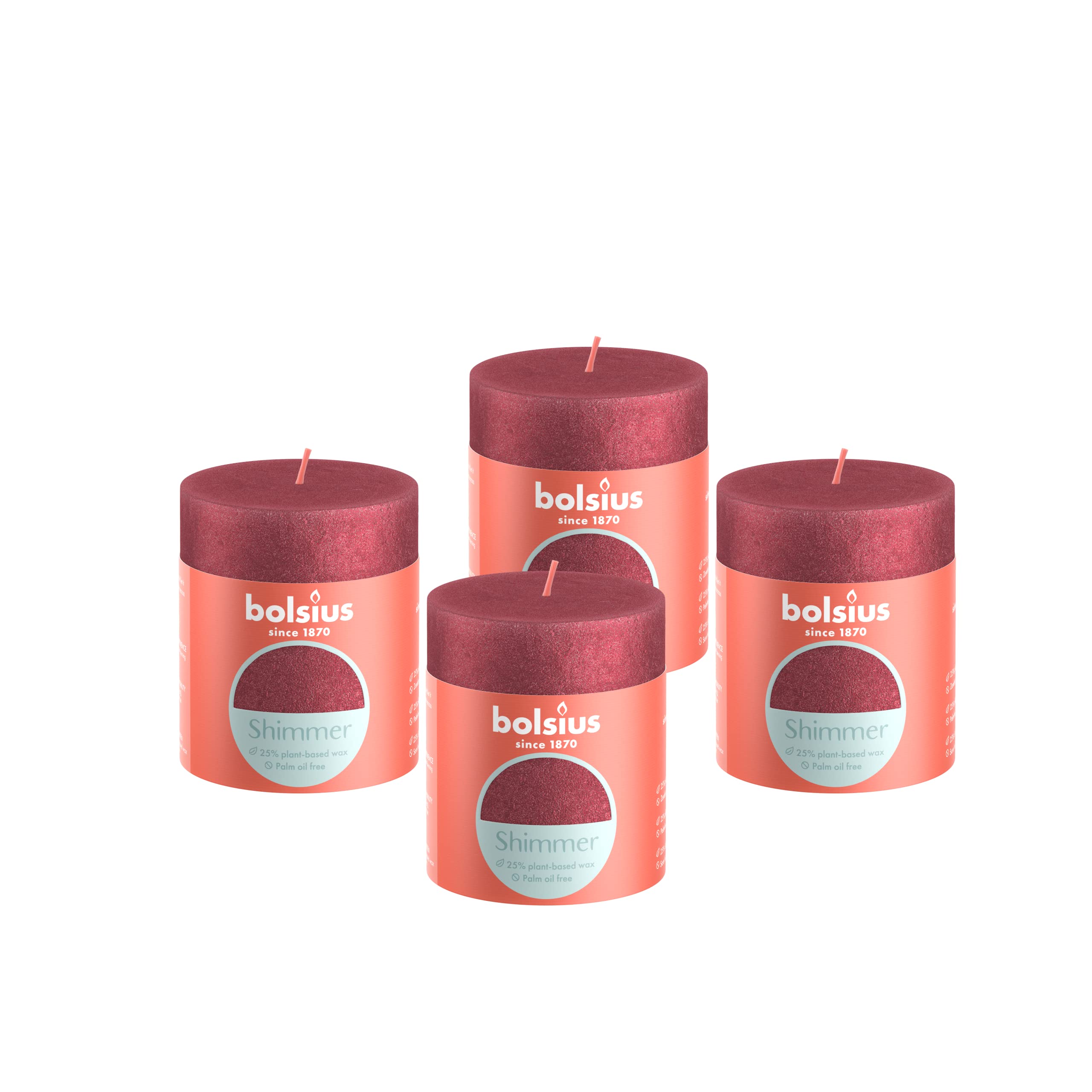 Bolsius Rustic Pillar Candle - Shimmer Red - Pack of 4 - Long Burning Time of 35 Hours - Interior Decoration - Unscented - Includes Natural Vegan Wax - No Palm Oil - 8 x 7 cm