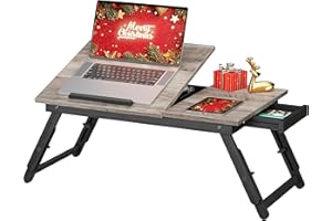 SONGMICS Bed Laptop Desk, Folding Bed Tray for Laptop up to 15.6 Inches, Adjustable Angle and Height, Portable for Working Reading Writing Breakfast, Bamboo Legs, Drawer, Heather Greige ULLD105W01