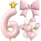 LilyZheng Pastel Pink Number 6 Foil Balloon Set with Bow, Gold Crown, Pink and Cream Heart Balloons for Girls' 6th Birthday, Baby Shower, Princess Party Decorations