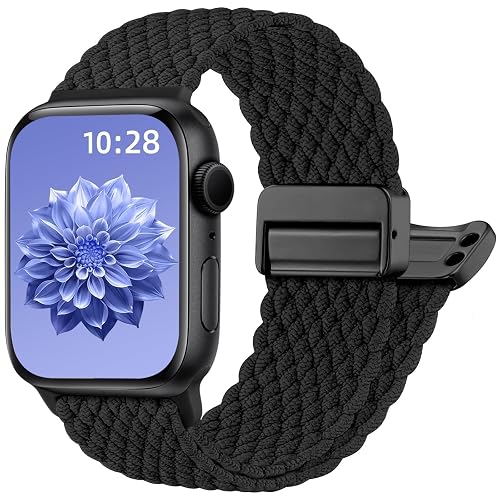 Oielai Braided Strap Compatible with Apple Watch Strap 44mm 46mm 45mm 42mm 49mm Women Men, Adjustable Magnetic Clasp Nylon Band for iWatch Series 11 10 9 8 7 6 5 4 3 2 1 SE Ultra, Dark Black