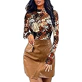 BemorRun Floral Mesh Long Sleeve Tops for Women Mock Neck See Through Fitted Sexy Going Out Top