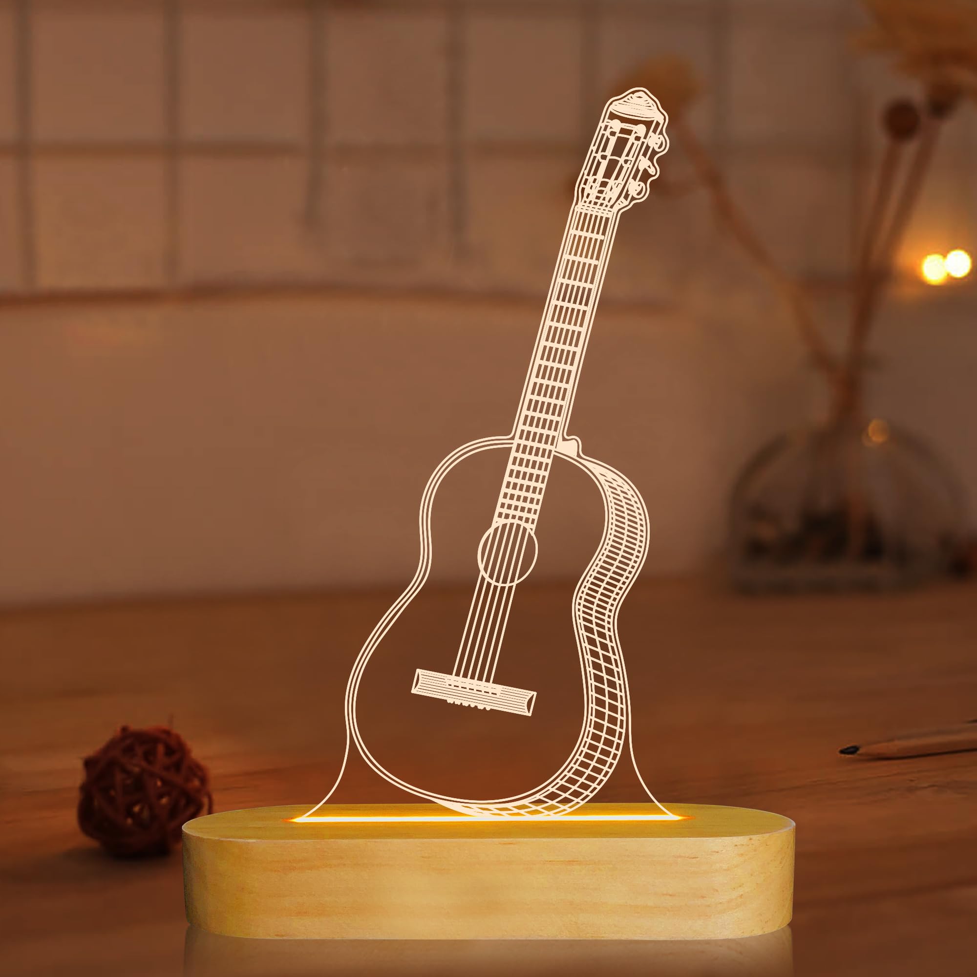 Guitar 3D Illusion Optical Night Light LED Bedside Table Lamp for Kids Men Him Musician Lover Holiday Gifts, Warm White Color