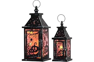 DECORKEY Halloween Decorations Indoor, 14.7" & 10.5" Spider Pumpkin Candle Glitter Lanterns Set with LED Lights (8 Modes), Hanging Halloween Lantern for Outdoor Home Room Table Door Party Decor (2PCS)