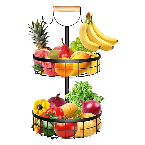 ZHIWUJIA 2 Tier Fruit Basket with Banana Holder, Fruit Bowl for Kitchen Counter,Cabinet,Living Room, Bathroom,Steel Vegetable Holder Storage for Onion Potato Bread Snack Veggies Produce