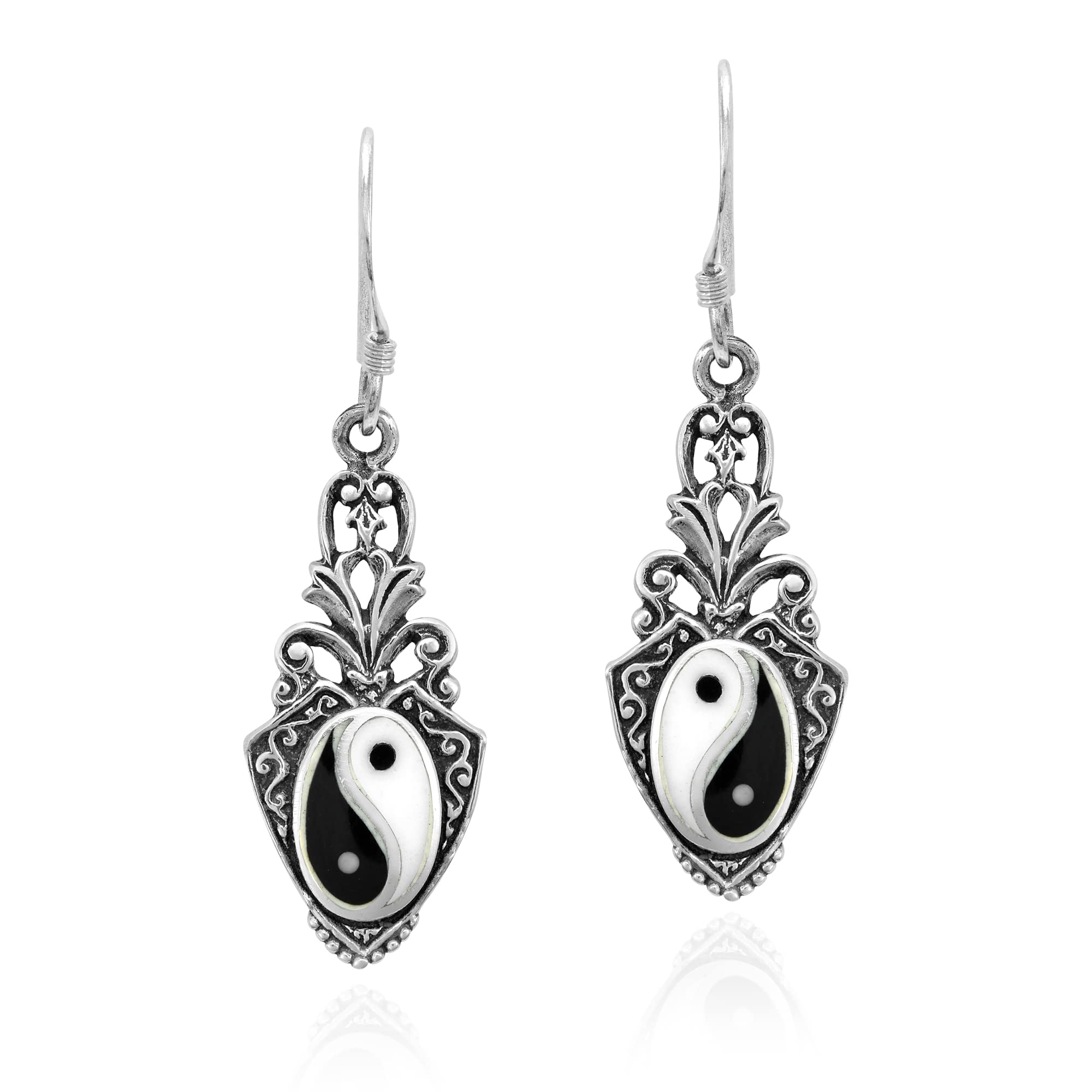 Vintage Style Balance of Life Yin Yang Symbol .925 Sterling Silver Dangle Earrings