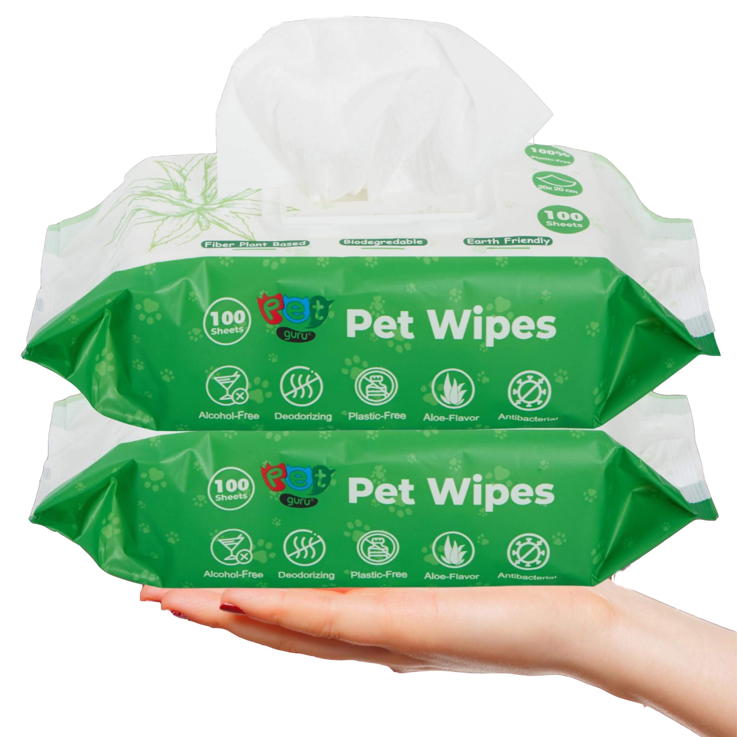 Pet Guru® Dogs & Cats 100% Plastic Free Biodegradable Antibectrial Deodorizing Multi-Purpose Cleaning Thick Pet Wipes Fiber Plant Based Alcohal Free Pet Wipes (200 Wipes, Unscented)