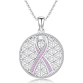 LES OSEWA Cancer Necklace Gifts for Women 925 Sterling Silver Cancer Awareness Pendant Pink Ribbon Necklace Jewelry Strength Inspirational Gifts for Cancer Survivors with 18"+2" Chain