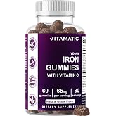 Vitamatic Iron 65 mg with Vitamin C - 60 Vegan Gummies, Made in USA | 65 mg Iron Per Serving, Natural Grape Flavor, Pectin Based, Gluten Free, Non-GMO