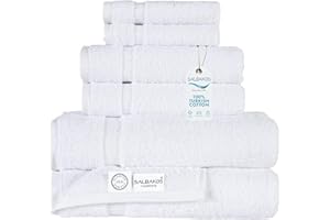 SALBAKOS - Luxury 6 Piece Towel Set, 100% Turkish Cotton, Quick Drying, Highly Absorbent & Comfy, Includes 2 Bath Towels, 2 Hand Towels & 2 Washcloths | White