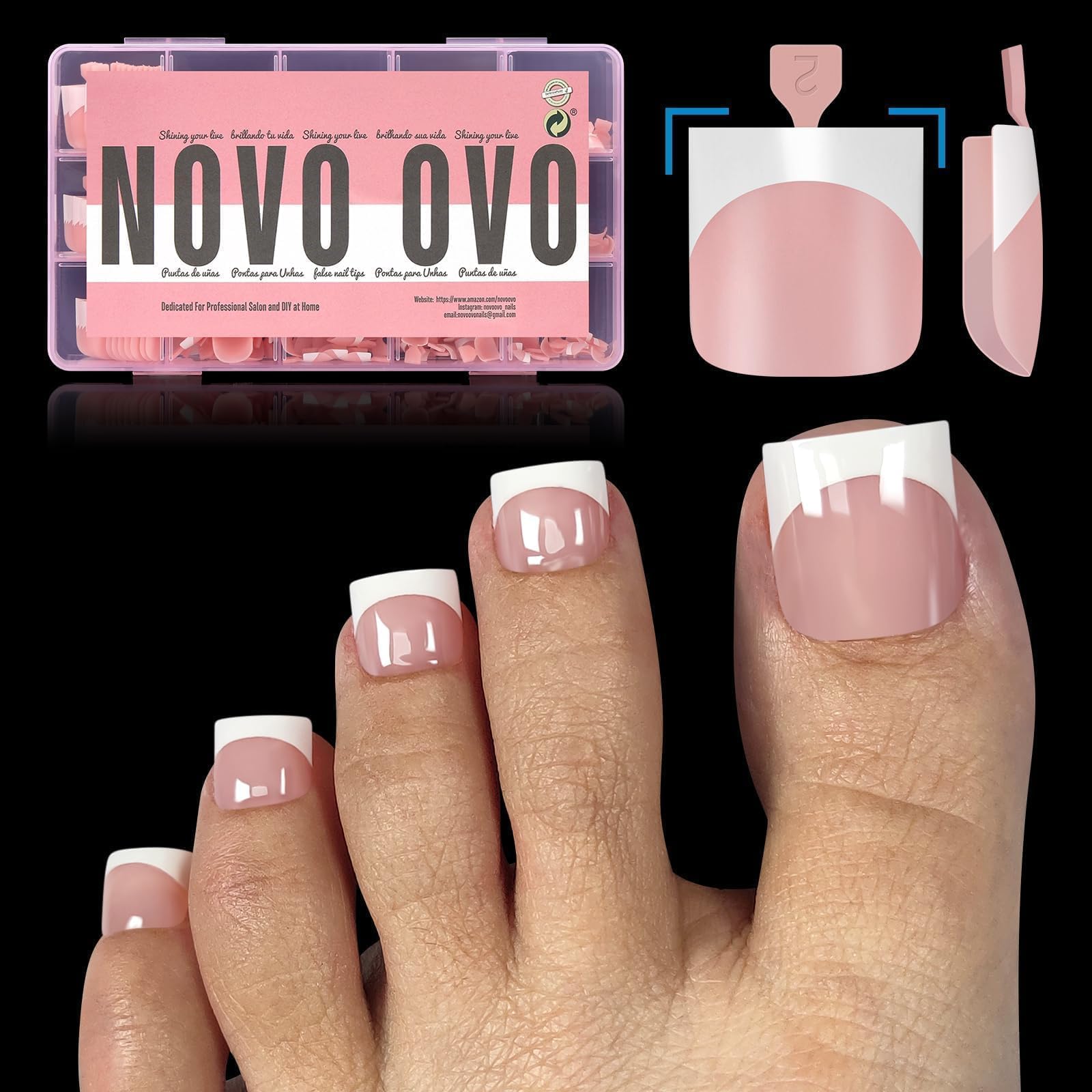 Photo 1 of NOVO OVO French Tip Toe Nail Tips Press on, Sharp Square Pre-Designed Soft Gel False Toenail Extension, BABY PINK Pre-applied Tip Primer & Base Coat, Full Cover Acrylic for DIY x 15 Sizes 240 pcs