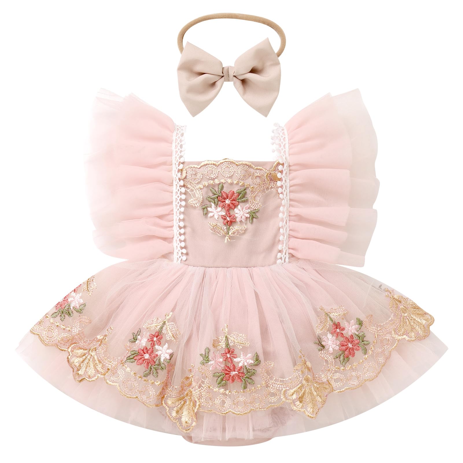 Photo 1 of ODASDO Dresses for Baby Girls 1st First Birthday Party Dress Newborn Fairy Tulle Tutu Bubble Romper Toddler Kids Floral Embroidery Bodysuit One Year Old Cake Smash Outfit Photo Shooting Pink 3-6M