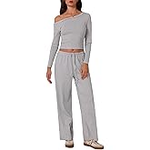 ABOCIW Women's 2 Piece Sets Fall Outfits Striped Off Shoulder Long Sleeve Top Wide Leg Pants Tracksuits Lounge Sets