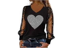 azrian Plus Size Heart Rhinestones Mesh Tops Shiny Long Sleeve Tees V Neck Tunic Spring Fashion Shirts Party Valentine's Day