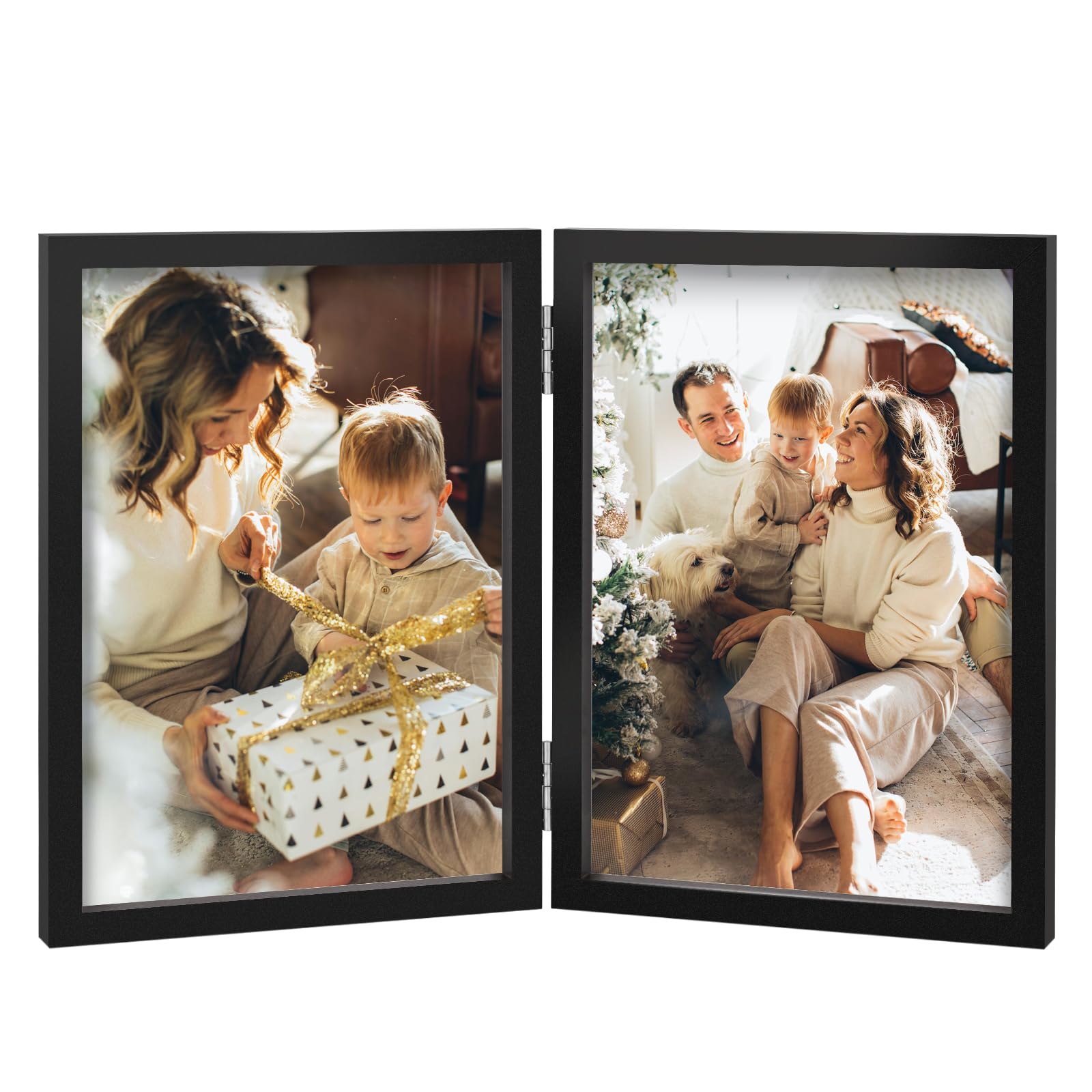 Double Photo Frame 4x6 Hinged Folding Wood Picture Frame with Glass Front Stand Vertical on Desktop Black — image 1