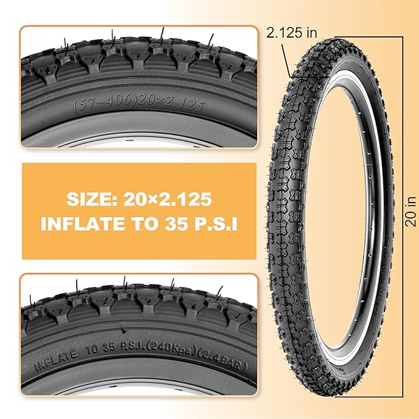 2-PACK KIDS BIKE TIRES SET: HYCLINE 20X2.125 INCH (57-406 MM) FOLDING REPLACEMENT PUNCTURE-RESISTANT BICYCLE TIRES AND PAIR 20-INCH INNER TUBES WITH TIRE LEVERS FOR BMX, MTB OR KIDS CHILDREN RACING