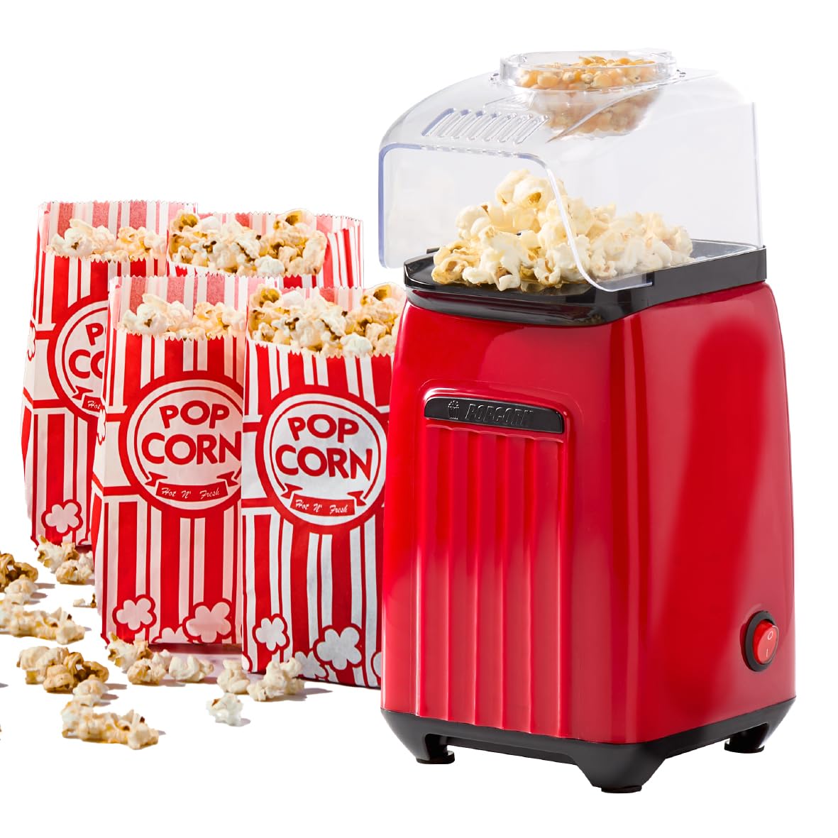 Global Gizmos Hot Air Popcorn Maker/Oil Free Popcorn Machine / 4 Bags Included/Ideal for Movie Nights, Sleepovers & Parties/Easy Use Adults & Kids Popcorn Maker / 1200W / Red (50900)