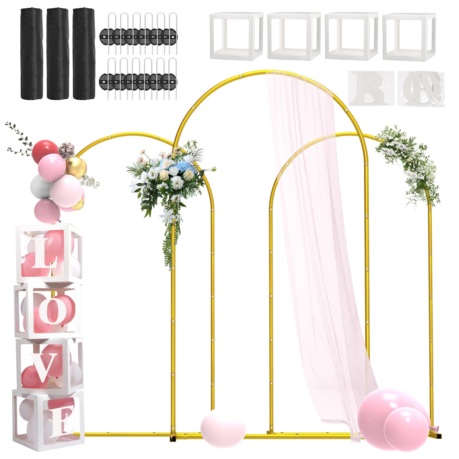Photo 1 of LIFENCE Metal Arch Backdrop Stand ,Set of 3 (7.2 ft/6.6 ft/6 ft) Square Wedding Arch Frame ?Gold Balloon Arch Stand for Wedding/ Birthday Party/ Baby Shower/ Graduation Ceremony Banquet Decoration