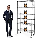 BolDuck 6 Tier Storage Shelves with Wheels, 2100lbs Capacity Heavy Duty Shelving Units, 14x36x75inch Adjustable Metal Shelf Wire Shelving Rack for Garage, Kitchen, Office, Black