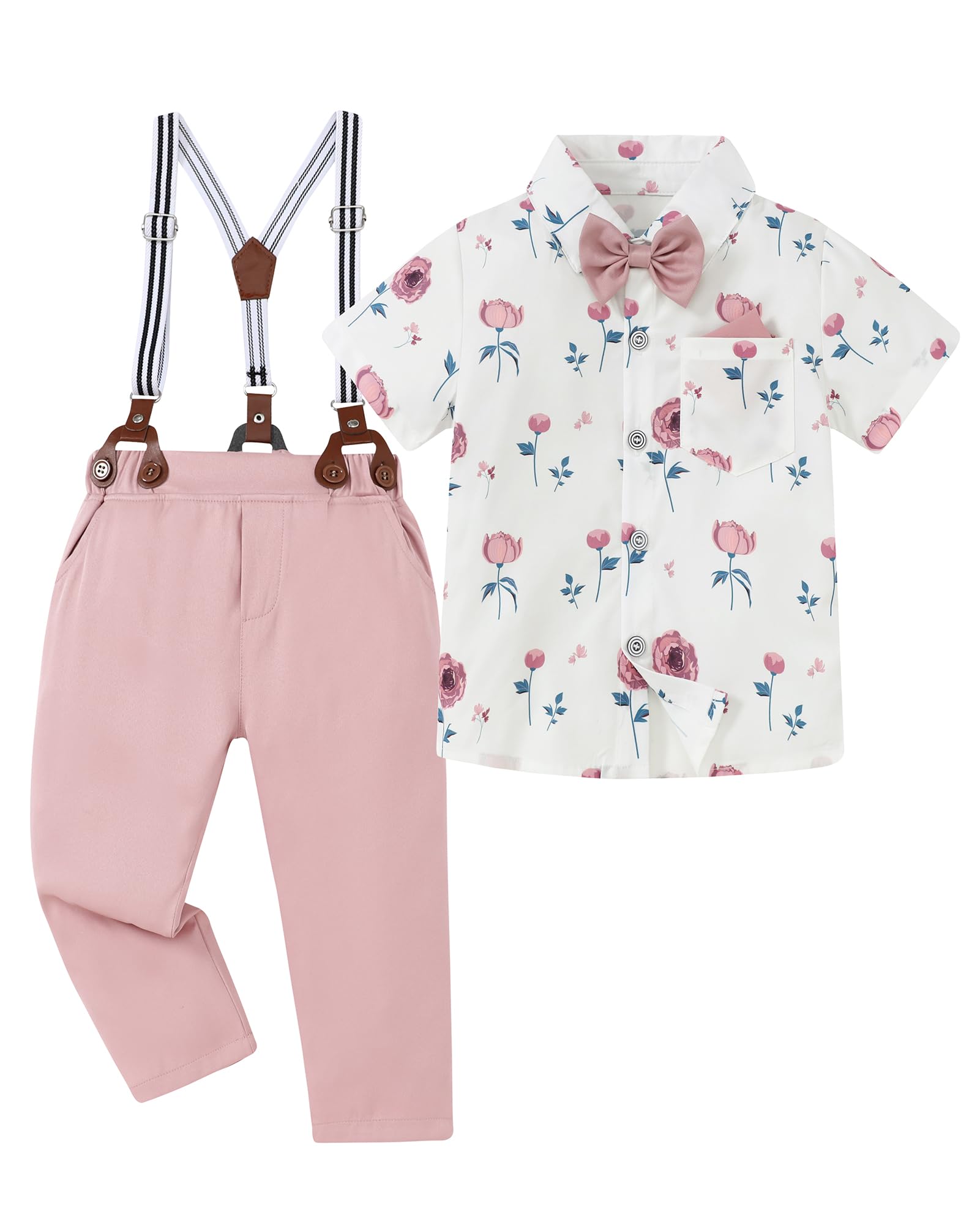 Photo 1 of YUEMION Toddler Boy Clothes Suit Wedding Outfit Boys Dress Short Sleeve Shirt+Bowtie+Suspender Pants, Kids Gentleman Formal Set (Pink print, 3-4T)