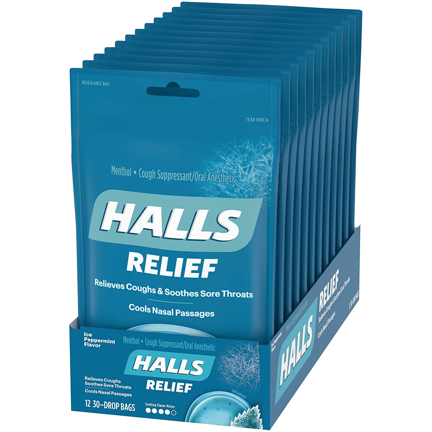 HALLS Relief Ice Peppermint Flavor Cough Drops, 12 Bags (360 Total Drops) : Cough Drops : Grocery & Gourmet Food