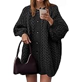 Saodimallsu Womens Cable Knit Cardigans Oversized Chunky Button Down Long Lantern Sleeve Crew Neck Warm Sweater Dress