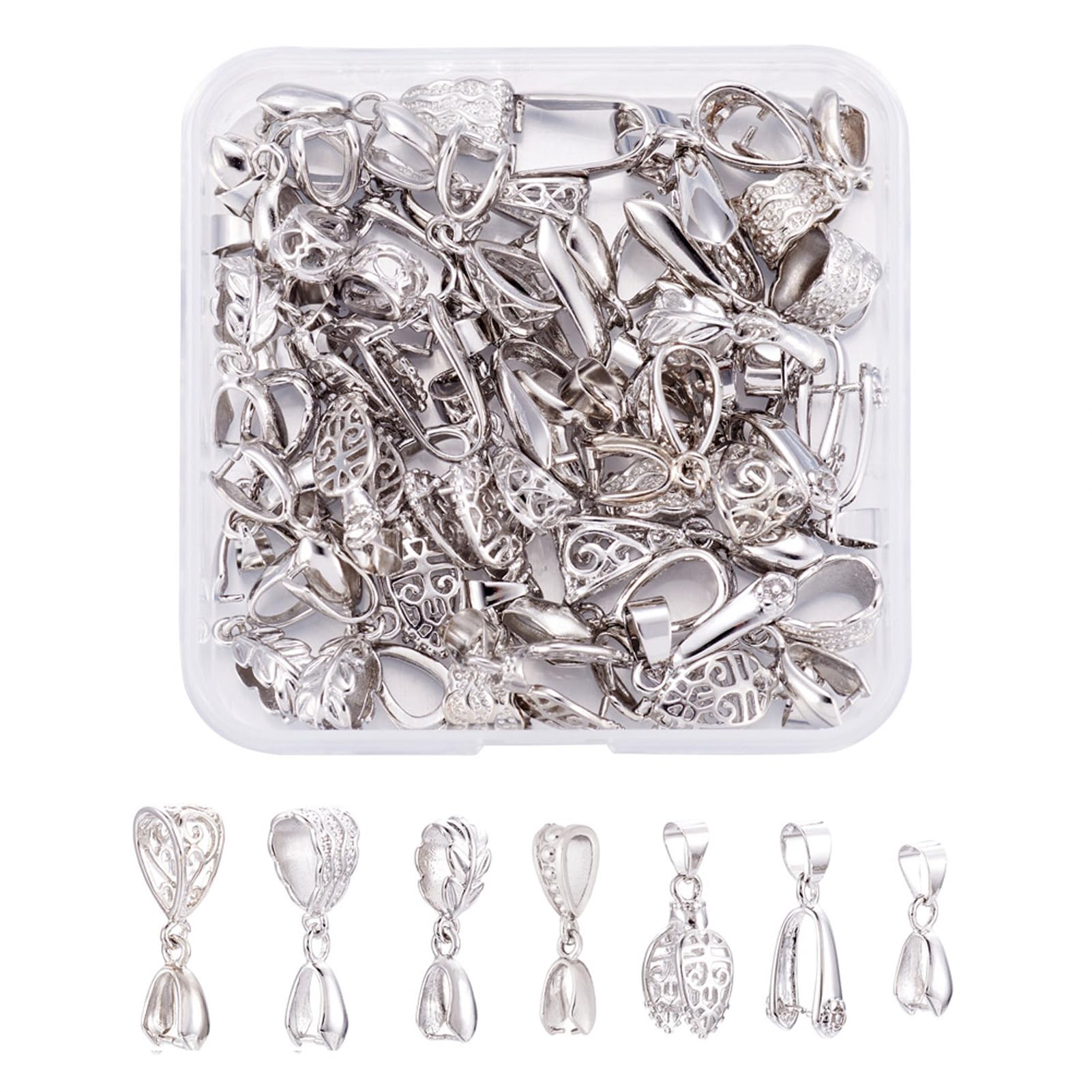 Craftdady 48pcs Pinch Clip Bail Clasps Pendants Silver Connector Bead Hanger Links for Drilled Stone Dangle Charm Jewelry Making, 8 Styles — image 1