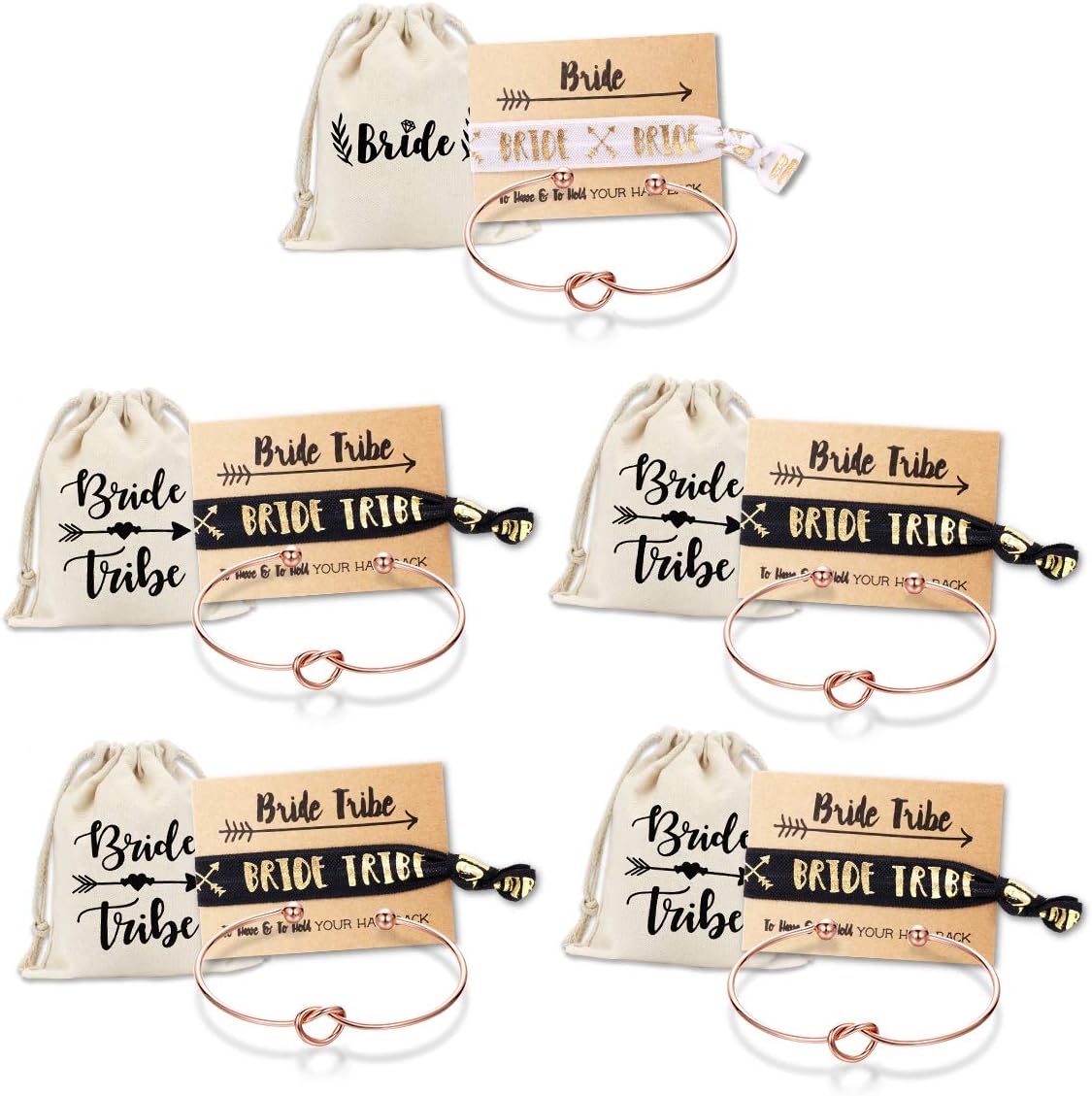Bridesmaid bracelets-Ikooo 5 pcs Love Knot Open Bangle With Bride Tribe Hair tie for Best Friend, BFF of the Bride wedding Gift