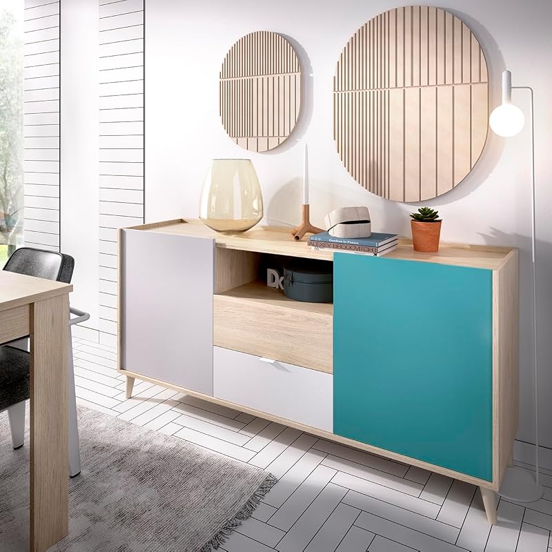 NOVA - APARADOR DE 2 PORTAS COM 2 GAVETAS COM ARRUMAÇÃO -75X155X43 cm - BRANCO / NATURAL / CINZENTO / ESMERALDA